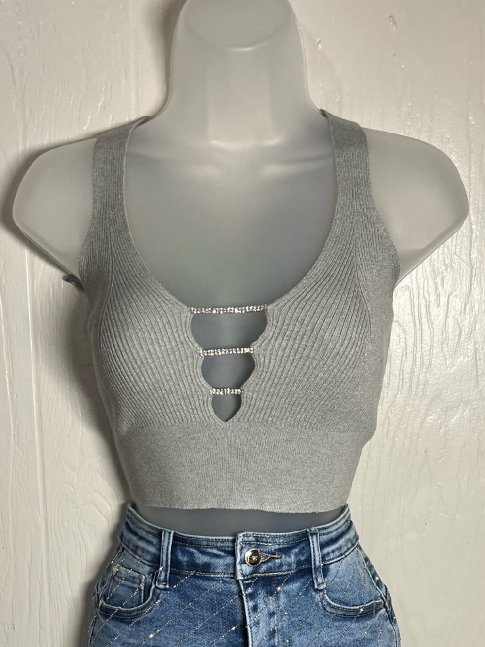 Gray Ribbed V-Neck Tank Top